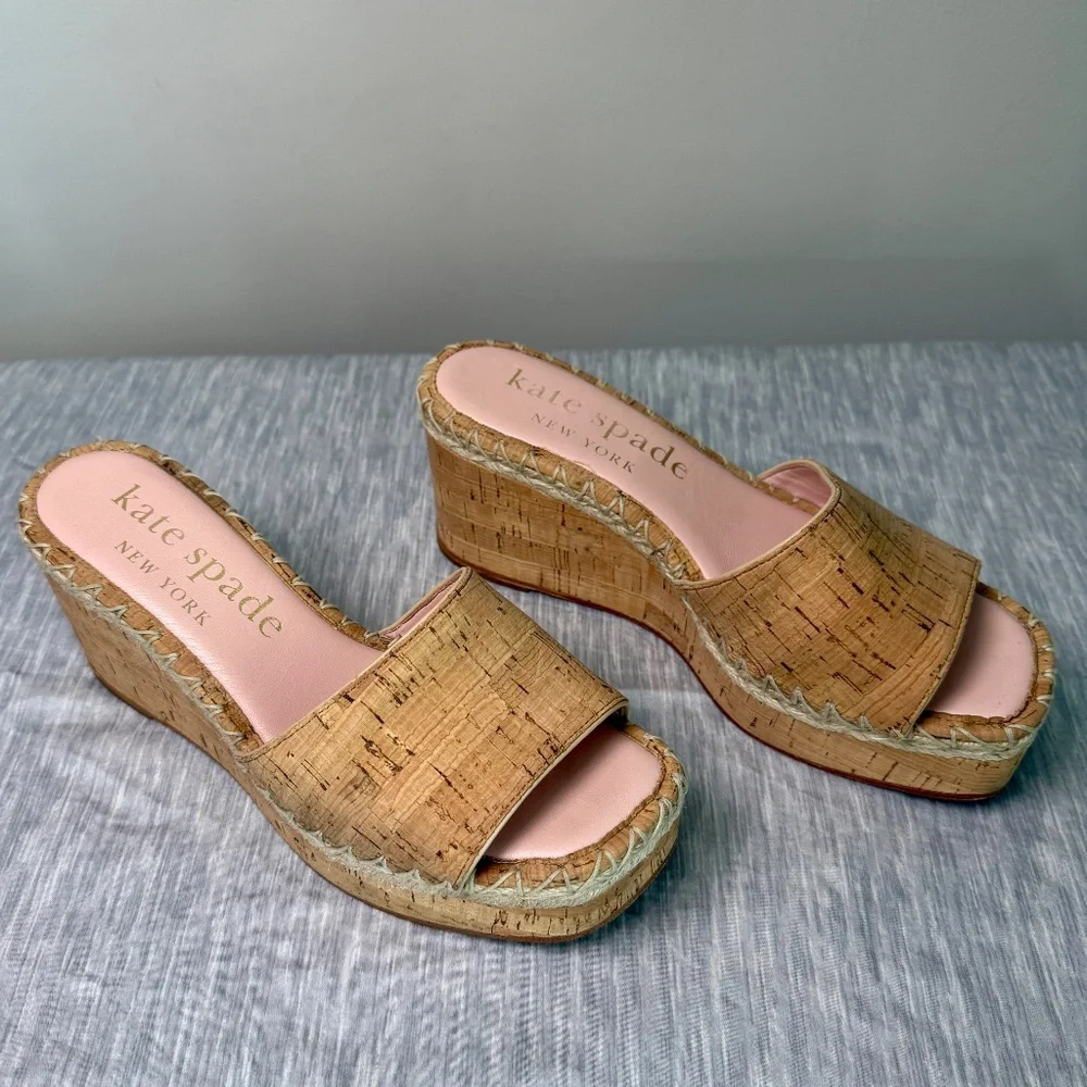 Kate Spade New York Cork Platform Wedge Slide Sandals Size 8B Espadrille Trim - Picture 3 of 7